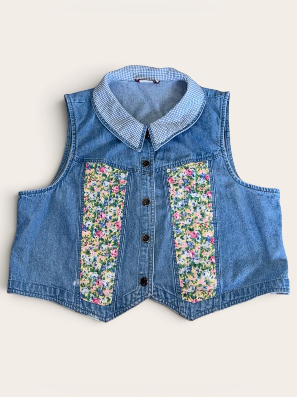 Vintage 90s Denim Floral Gingham Patchwork Vest